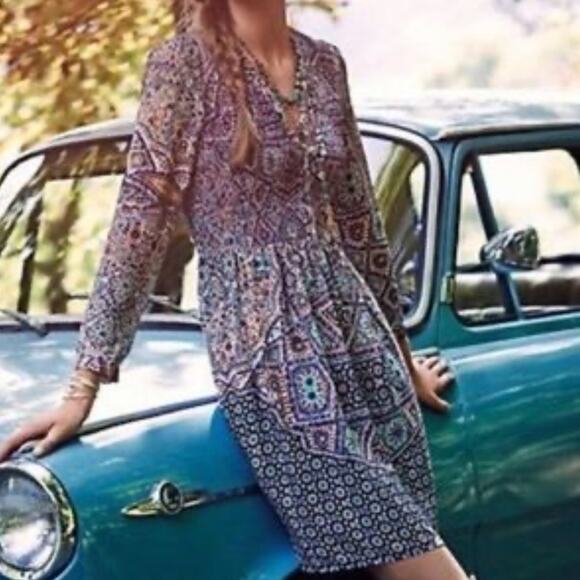 ANTHROPOLOGIE Maeve tiled Amethyst dress mosaic boho smocked bodice size small - Picture 1 of 7